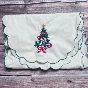 Vintage Embroidered Christmas Tree Table Runner Green Stitching Trim